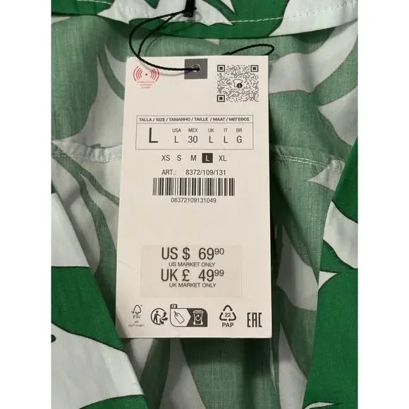 NWT Zara Floral Printed Midi Shirt Dress Women's L Cotton Green White Tropical - Picture 11 of 12